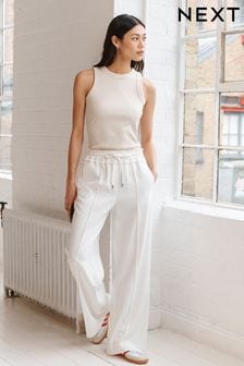 White Textured Elasticated Wide Leg Trousers (Q97030) | OMR20