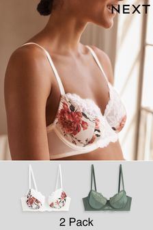 Red Floral Print/Green - Non Pad Full Cup Bras 2 Pack (Q97109) | kr420