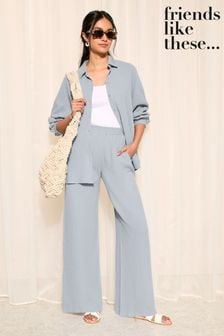 Friends Like These Blue Crinkle Cotton Elasticated Wide Leg Trousers (Q97241) | OMR16
