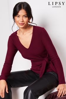 Lipsy Burgundy Red Cosy Rib V Neck Long Sleeve Tie Front Top (Q97355) | €35