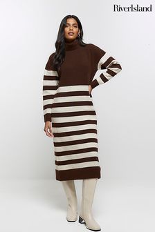 River Island Brown Stripe Roll Neck Knitted Midi Dress (Q97360) | 247 QAR