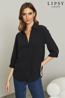 Lipsy Black 2 V Neck 3/4 Sleeve Collared Blouse (Q97390) | AED134