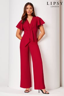 Lipsy Red Flutter Sleeve V Neck Tie Front Wide Leg Jumpsuit (Q97574) | AED234