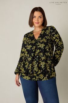 Live Unlimited Curve Yellow Ditsy Print Jersey Pleat Front Top (Q97644) | LEI 269