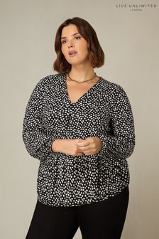 Live Unlimited Curve Mono Ditsy Print Jersey Pleat Front Black Top (Q97679) | SGD 87