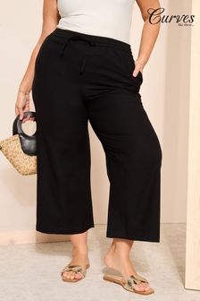 Curves Like These Black Cotton/ Linen Mix Wide Leg Crop Trousers (Q97819) | AED155