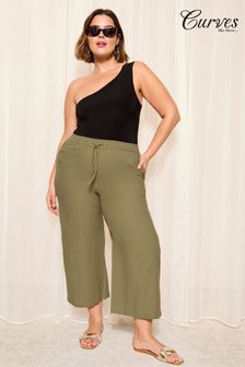 Curves Like These Khaki Green Cotton/ Linen Mix Wide Leg Crop Trousers (Q97824) | OMR14
