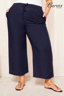 Curves Like These Navy Blue Cotton/ Linen Mix Wide Leg Crop Trousers (Q97826) | ￥4,930