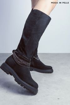 Moda in Pelle Litzy Black Chunky Long Boots With Chain Trim