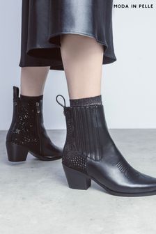 Moda In Pelle Nyrra Schwarze spitz zulaufende Stiefel mit Blockabsatz und gesticktem Detail (Q98386) | 100 €