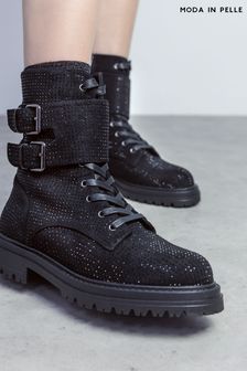 Moda in Pelle Zori Black Chunky Lace-Up Glitzy Boots With Double Strap (Q98412) | €81