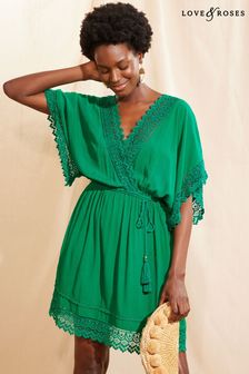Love & Roses Green Petite Lace Trim Belted Cover Up Kaftan (Q99058) | €51