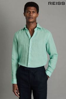 Reiss Bermuda Green Ruban Linen Button-Through Shirt (Q99090) | LEI 809