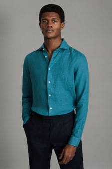 Reiss Teal Blue Ruban Linen Button-Through Shirt (Q99092) | $156