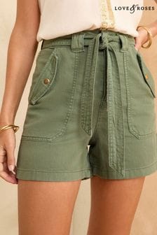Love & Roses Belted Cotton Twill Utility Shorts