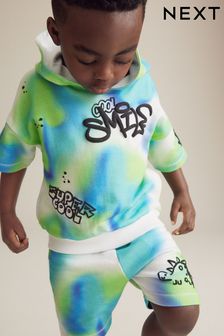 Blue/Green Tie Dye Graffiti Short Sleeve Hooded Sweatshirt and Shorts Set (3mths-7yrs) (Q99984) | $31 - $38