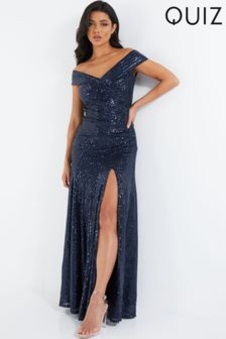 Quiz Navy Blue Sequin Bardot Ruched Maxi Dress (R01520) | €144