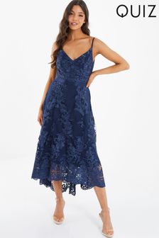 Quiz Blue Lace Strappy V - Neck Dip Hem Dress (R01521) | €126