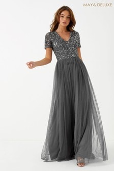 Maya Charcoal V Neck Short Sleeve Sequin Maxi Dress (R01757) | €51