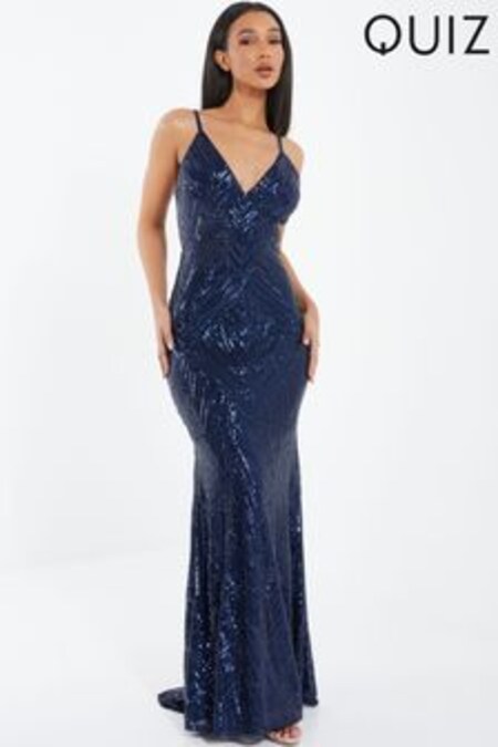Quiz Blue Sequin V - Neck Strap Fishtail Maxi Dress (R02540) | €116