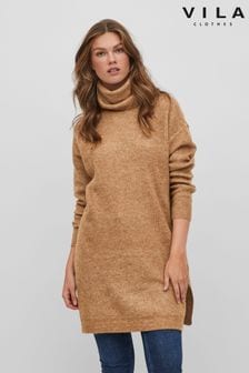 VILA Camel Roll Neck Knitted Dress (R04071) | kr454