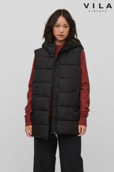 VILA Black Longline Padded Hood Gilet (R04250) | $68