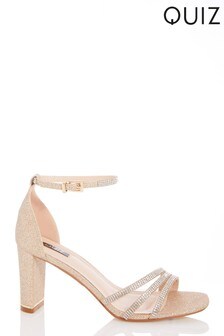Sandales Quiz scintillantes à talon carré et trois brides ornées de strass