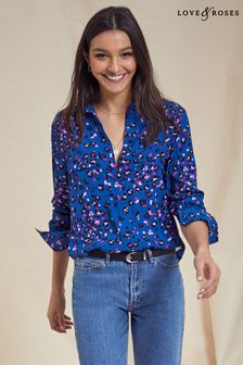 Love & Roses Blue Animal Patch Pocket Button Through Shirt (R08669) | $50