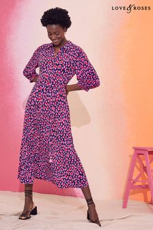 Love & Roses Pink and Navy Regular Jersey 3/4 Sleeve Pleated Midi Shirt Dress (R09047) | €55