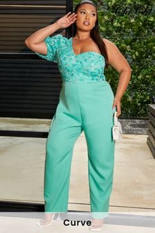 Chi Chi London Mint Green Curve Plus Size One Shoulder Puff Sleeve Embroidered Jumpsuit (R09246) | €55