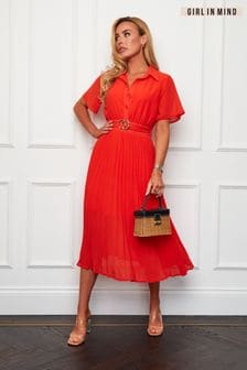 Girl In Mind Orange Everleigh Orange Belted Pleated Midi Shirt Dress (R18413) | $68