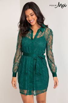 Pour Moi Green Clara Long Sleeve Lace Shirt Dress (R21016) | $86