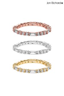 Jon Richard silver Tri Tone Cubic Zirconia Baguette Stone Stacking Ring - Pack Of 3 Multipack (R22354) | ₪ 116