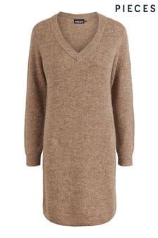 PIECES Brown Long Sleeve V Neck Knitted Jumper Dress (R23879) | 148 QAR