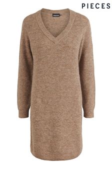PIECES Long Sleeve V Neck Knitted Jumper Dress