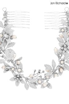 Peineta doble con cristales y perlas de agua dulce con hojas cepilladas chapadas en plata Clara de Jon Richard - Regalo (R29701) | 99 €