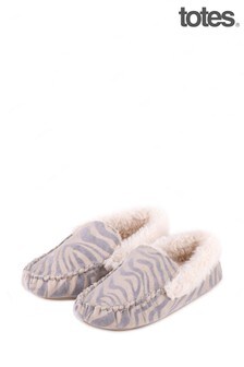 Totes Grey Zebra Moccasin Slipper (R29775) | 34 €