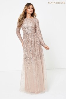 Maya Light Pink Heavily Embellished Long Sleeve Maxi Dress (R31087) | 235 €