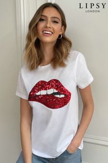 Lipsy White Red Lips Regular Logo T-Shirt (R34558) | DKK141