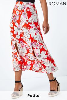 Roman Red Petite Tropical Floral Midi Split Skirt (R38311) | ₪ 130
