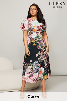 Mary Katrantzou x Lipsy Black Floral Curve Short Sleeve Under Bust Midi Dress (R39516) | $75