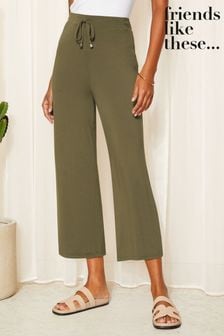 Friends Like These Khaki Green Waist Tie Jersey Wide Leg Culotte Trousers (R41764) | LEI 143