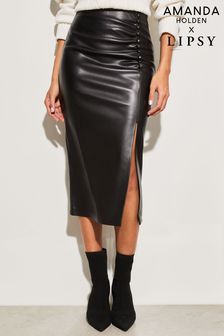 Lipsy Black Faux Leather Ruched Split Midi Skirt (R42147) | AED201
