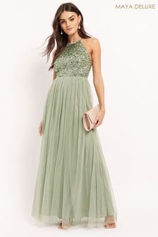 Sage Green - Maya Halterneck Delicate Sequin Maxi Dress (R43292) | BGN259