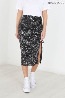 Brave Soul Black Spot Print Gathered Side Detail Midi Skirt (R44858) | 30 €