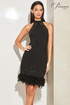 Lipsy Black Petite Premium Halter Sequin Feather Mini Dress (R45115) | €57