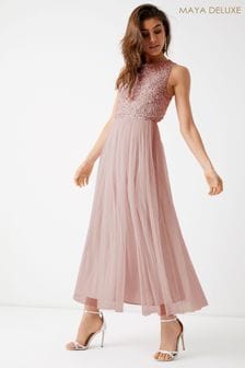 Roze - Maya - Mouwloze midaxi-jurk met overslag en lovertjes (R45502) | €138