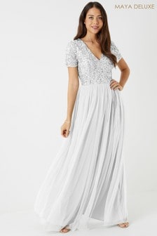 Maya White Regular V Neck Short Sleeve Sequin Maxi Dress (R47363) | 54 €