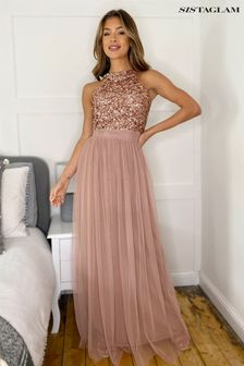 Розово-золотистый - Платье макси с халтером и пайетками Sistaglam (R47866) | €153
