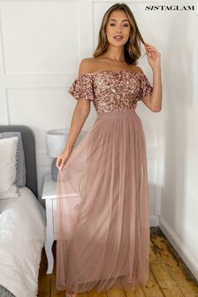 Robe longue Sistaglam bardot à sequins